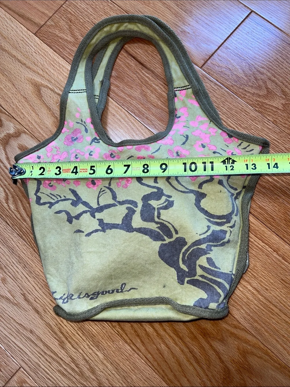 Life Is Good cherry blossoms Olive Green Canvas Tote with Pink Floral Print